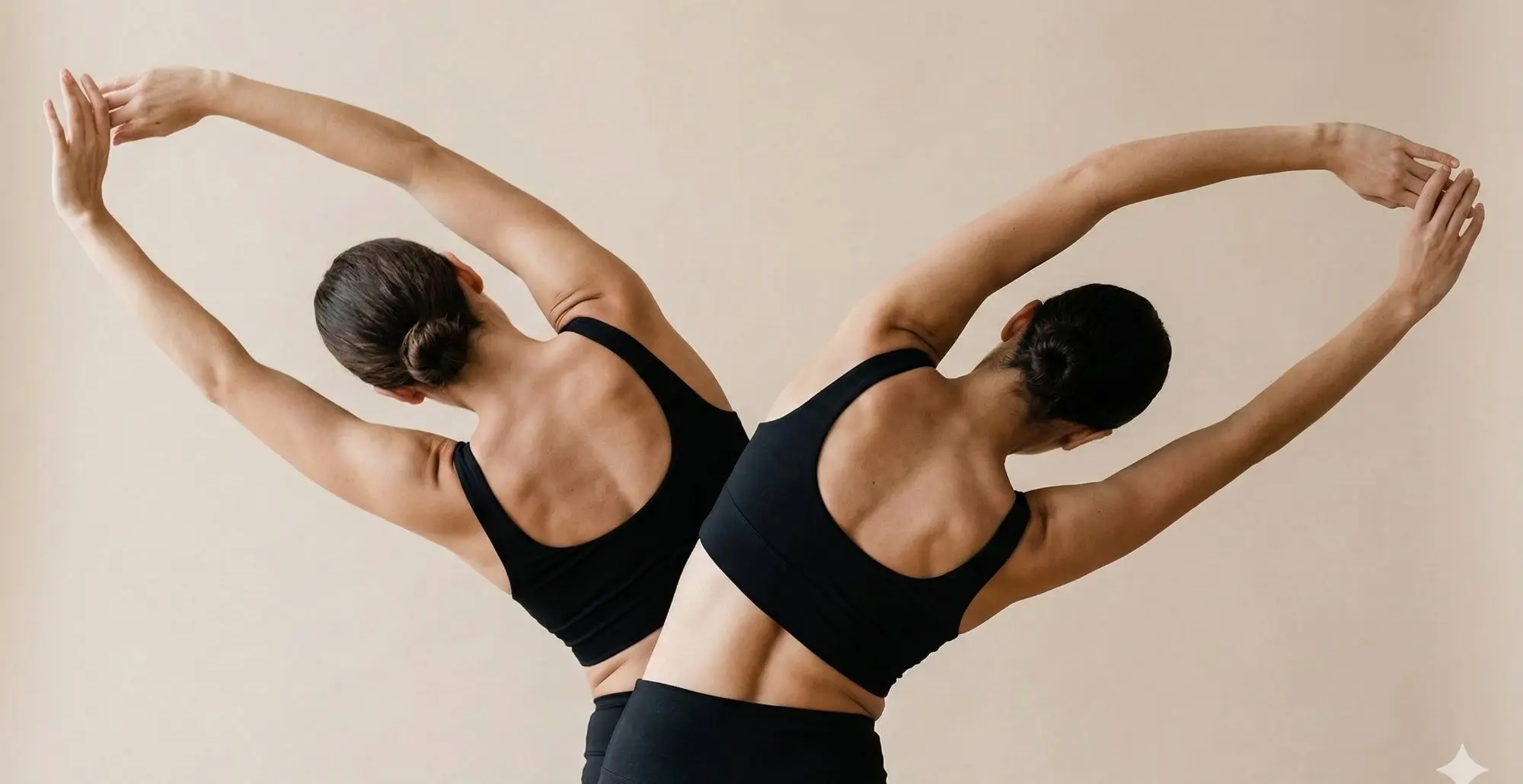 Deux femmes en étirement Pilates — séance duo, fond beige